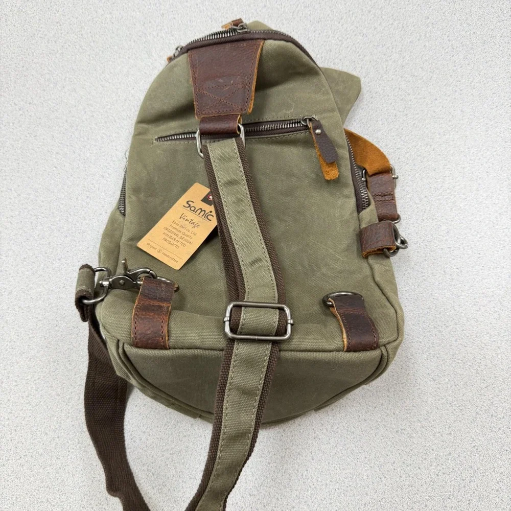 Samic Vintage Mens Waxed Canvas Leather Sling Bag Crossbody Backpack Olive Green